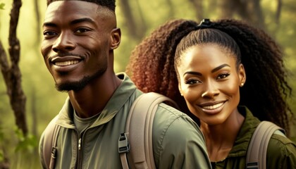 A Happy and Joyful African American Couple in Hiking Trails in Beautiful, Romantic and Cheerful Spring: A Celebration of Happiness, Nature's Beauty, and Love (generative AI