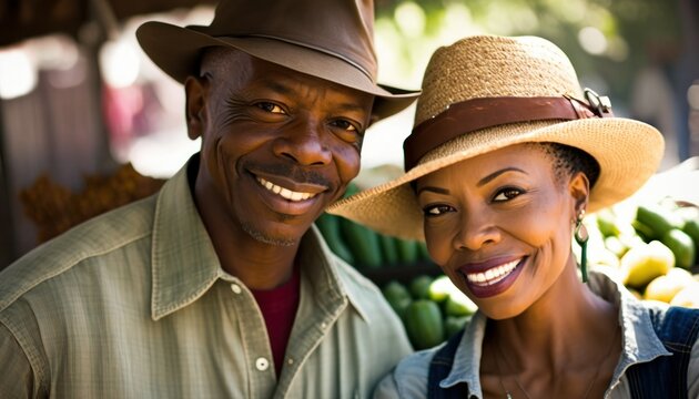 A Happy and Joyful African American Couple in Farmers Markets in Beautiful, Romantic and Cheerful Spring: A Celebration of Happiness, Nature's Beauty, and Love (generative AI