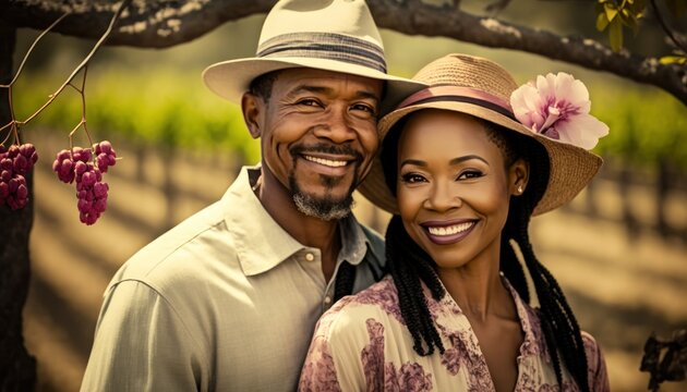 A Happy and Joyful African American Couple in Wineries in Beautiful, Romantic and Cheerful Spring: A Celebration of Happiness, Nature's Beauty, and Love (generative AI