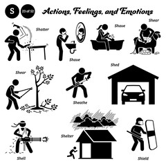 Stick figure human people man action, feelings, and emotions icons alphabet S. Shatter, shave, shear, sheathe, shed, shell, shelter, and shield. ..