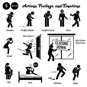 Stick figure human people man action, feelings, and emotions icons alphabet S. Shudder, shuffle, walk, card, shun, shush, shut, door, shut down, business, shy, sick, sidestep, and sidle. ..