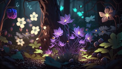 Fototapeta na wymiar Mystical Bloom: A Forest of Luminous Flowers and Glowing Plants in a Fairytale World at Night, AI Generative