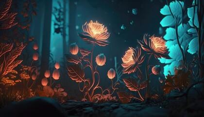 Obraz na płótnie Canvas A Forest of Light: Luminous Flowers and Glowing Plants in a Fairytale Wood at Night, AI Generative