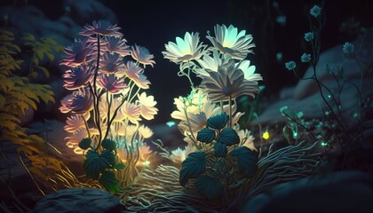Obraz na płótnie Canvas Glowing Wonderland: A Forest of Luminous Flowers and Glowing Plants in a Fairytale World at Night, AI Generative