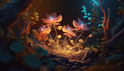 Mystical Glow: Luminous Flowers and Glowing Plants in a Fantasy Forest at Night, AI Generative