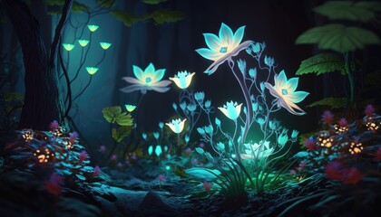 Obraz na płótnie Canvas Floral Magic: Luminous Flowers and Glowing Plants in a Fairytale Forest at Night, AI Generative