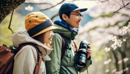 Naklejka premium A Happy and Joyful Asian Couple in Bird Watching Areas in Beautiful, Romantic and Cheerful Spring: A Celebration of Happiness, Nature's Beauty, and Love (generative AI