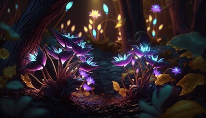 Obraz na płótnie Canvas A Nighttime Garden of Wonders: Luminous Flowers and Glowing Plants in a Fairytale Wood, AI Generative
