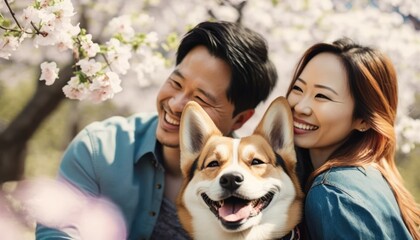 Fototapeta na wymiar A Happy and Joyful Asian Couple in Dog Parks in Beautiful, Romantic and Cheerful Spring: A Celebration of Happiness, Nature's Beauty, and Love (generative AI