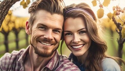 Fototapeta premium A Happy and Joyful Caucasian Couple in Wineries in Beautiful, Romantic and Cheerful Spring: A Celebration of Happiness, Nature's Beauty, and Love (generative AI