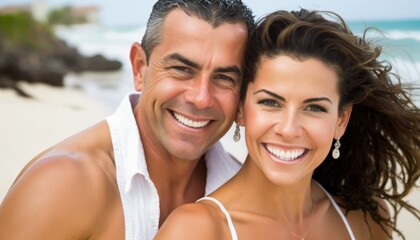 Fototapeta premium A Happy and Joyful Hispanic Couple in Beach in Beautiful, Romantic and Cheerful Spring: A Celebration of Happiness, Nature's Beauty, and Love (generative AI