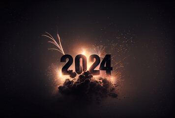 2024 New Year celebration with colorful fireworks on dark background. Happy New Year the year of Dragon and Greeting card concept. Generative AI