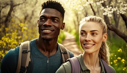 A Happy and Joyful Multiracial Couple in Hiking Trails in Beautiful, Romantic and Cheerful Spring: A Celebration of Happiness, Nature's Beauty, and Love (generative AI