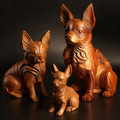 wood carved dog figurines decoration toys isolated on a dark background in the style of a studio shot Generative Ai