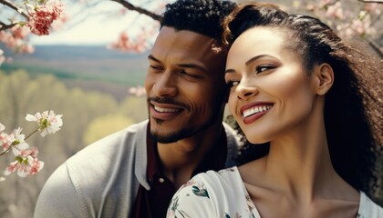 A Happy and Joyful Multiracial Couple in Scenic Overlooks in Beautiful, Romantic and Cheerful Spring: A Celebration of Happiness, Nature's Beauty, and Love (generative AI