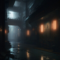 a futuristic sci-fi industrial corrido with many floors surrounded by orange neon lights on a dark night Generative Ai