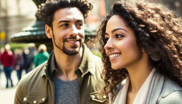 A Happy and Joyful Multiracial Couple in Public Squares and Plazas in Beautiful, Romantic and Cheerful Spring: A Celebration of Happiness, Nature's Beauty, and Love (generative AI
