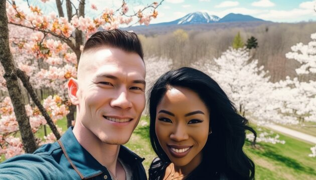 A Happy and Joyful Multiracial Couple in Scenic Overlooks in Beautiful, Romantic and Cheerful Spring: A Celebration of Happiness, Nature's Beauty, and Love (generative AI