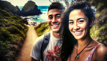 A Happy and Joyful Native Hawaiian Couple in Hiking Trails in Beautiful, Romantic and Cheerful Spring: A Celebration of Happiness, Nature's Beauty, and Love (generative AI