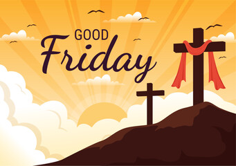 Happy Good Friday Illustration with Christian Holiday of Jesus Christ Crucifixion in Flat Cartoon Hand Drawn for Web Banner or Landing Page Templates