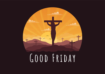 Happy Good Friday Illustration with Christian Holiday of Jesus Christ Crucifixion in Flat Cartoon Hand Drawn for Web Banner or Landing Page Templates