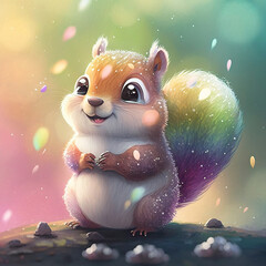 Naklejka premium a cute squirrel baby nursery character in pastel rainbow colors Generative Ai