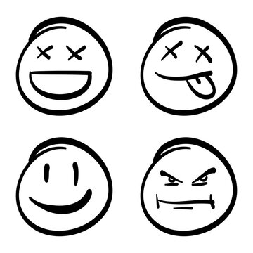 Doodle set emoticons. emoji character with various Emotions, smile, anggry sad, funny face. isolated on white background. vector illustration