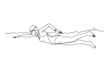 Continuous single one line drawing of professional woman swimming athlete training in the pool. Vector illustration of sport healthy lifestyle