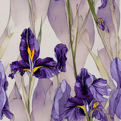 flat wallpaper, soft purple and blue irises, pale sage colored leaves, Iris, repeating seamless, watercolor, dirty stained paper background
