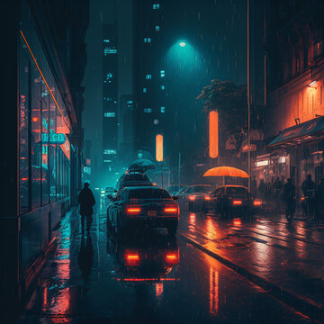 car traffic on a rainy night in a city full of blue and orange neon lights Generative Ai