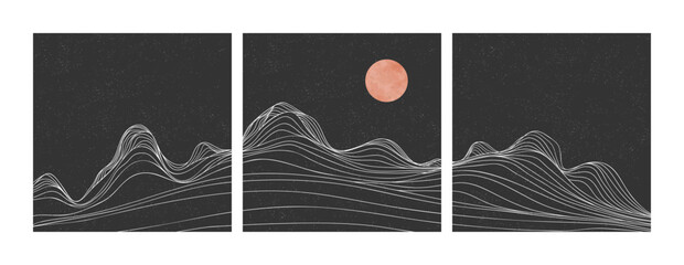 Hand drawn style of creative minimalist modern line art print. Natural abstract landscape background design on set. with mountains, island and the moon. vector illustrations
