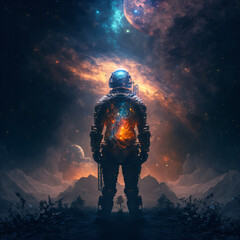 an astronaut on a foreign planet wearing a full helmet and suit contemplating the stars and cosmos in space Generative Ai
