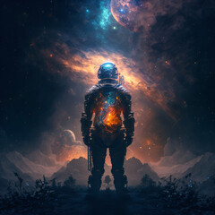 Fototapeta premium an astronaut on a foreign planet wearing a full helmet and suit contemplating the stars and cosmos in space Generative Ai