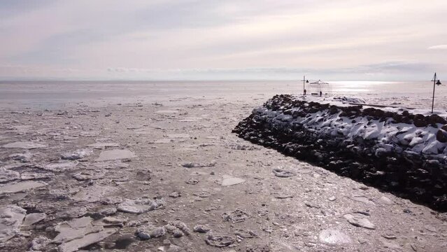 Iced river aerial view in La Malbaie Charlevoix Quebec Canada
