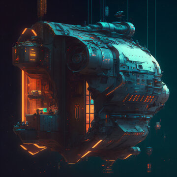 mothership, a futuristic sci-fi space station transborder spacecraft floating in space concept art illustration Generative Ai