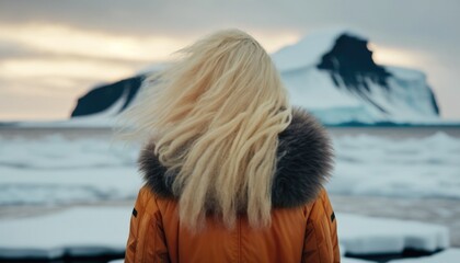 Woman in Antarctica, looking the glacier, iceberg adventure. Generative ai
