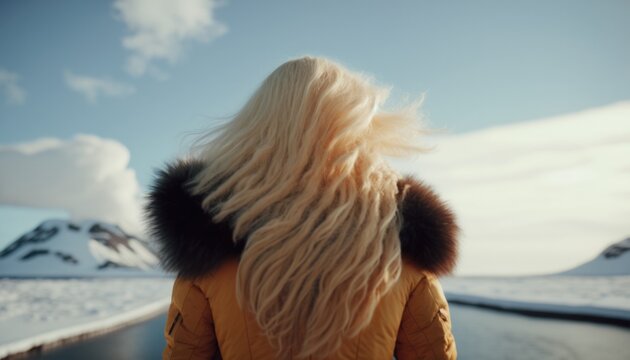 Woman in Antarctica, looking the glacier, iceberg adventure. Generative ai