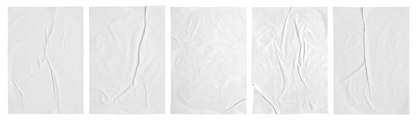 white paper wrinkled poster template ,blank glued creased paper sheet mockup.  clipping path.