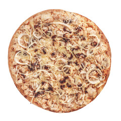 Pizza with barbecue sauce, grilled chicken, onion and oregano (BBQ Chicken) - Top view.