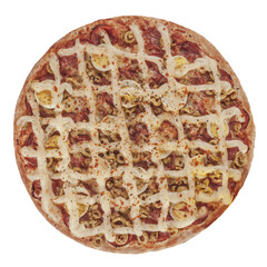 Brazilian pizza with mozzarella, calabrese sausage, eggs, catupiry, olive and oregano (Pizza especial de calabresa) - Top view.