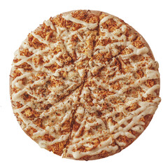 Brazilian pizza with mozzarella, chicken, catupiry and oregano (Frango com Catupiry) - Top view.