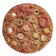 Brazilian pizza with mozzarella, corn, bacon, eggs, tomato and oregano (Pizza especial) - Top view.