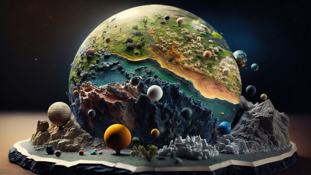 An visual abstract representation of biome topographic landscape of our Solar system with planets