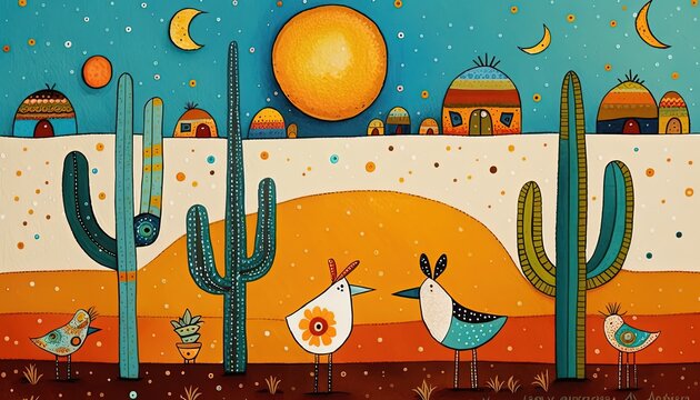 cute children design style illustration of desert village, Generative Ai