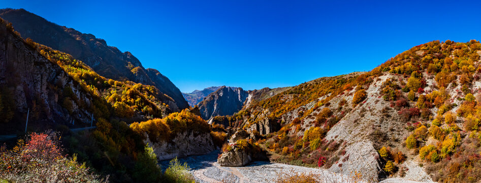 panoramic view of mountainous river bend in lahij, azerbaijan in autumn 