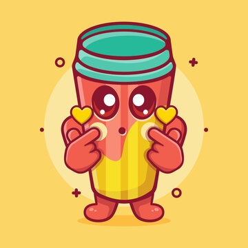 kawaii water tumbler character mascot with love sign hand gesture isolated cartoon in flat style design