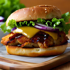Closeup of a Grilled Chicken Sandwich With Melted Cheddar Cheese Lettuce and Onions on a Sesame Seed Bun Generative AI