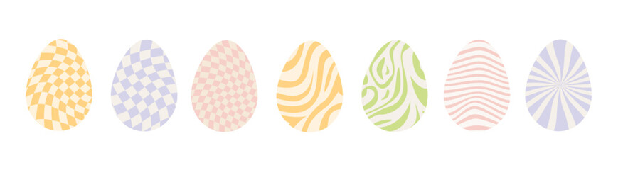 Set of decorated Easter eggs with retro groovy trippy patterns in 60s 70s style. Groovy hippie Happy Easter with distorted psychedelic design. Vector illustration isolated on white background.