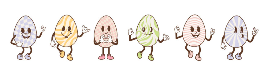 Set of decorated Easter eggs with retro groovy trippy patterns in 60s 70s style and funny faces. Groovy hippie Happy Easter character mascot with distorted psychedelic design. Vector flat illustration