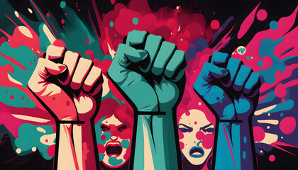 Women fists revolution. Female protesters hands, american womans rights day, feminist banner strong girl fist hand power feminism symbol empowerment convention vector illustration